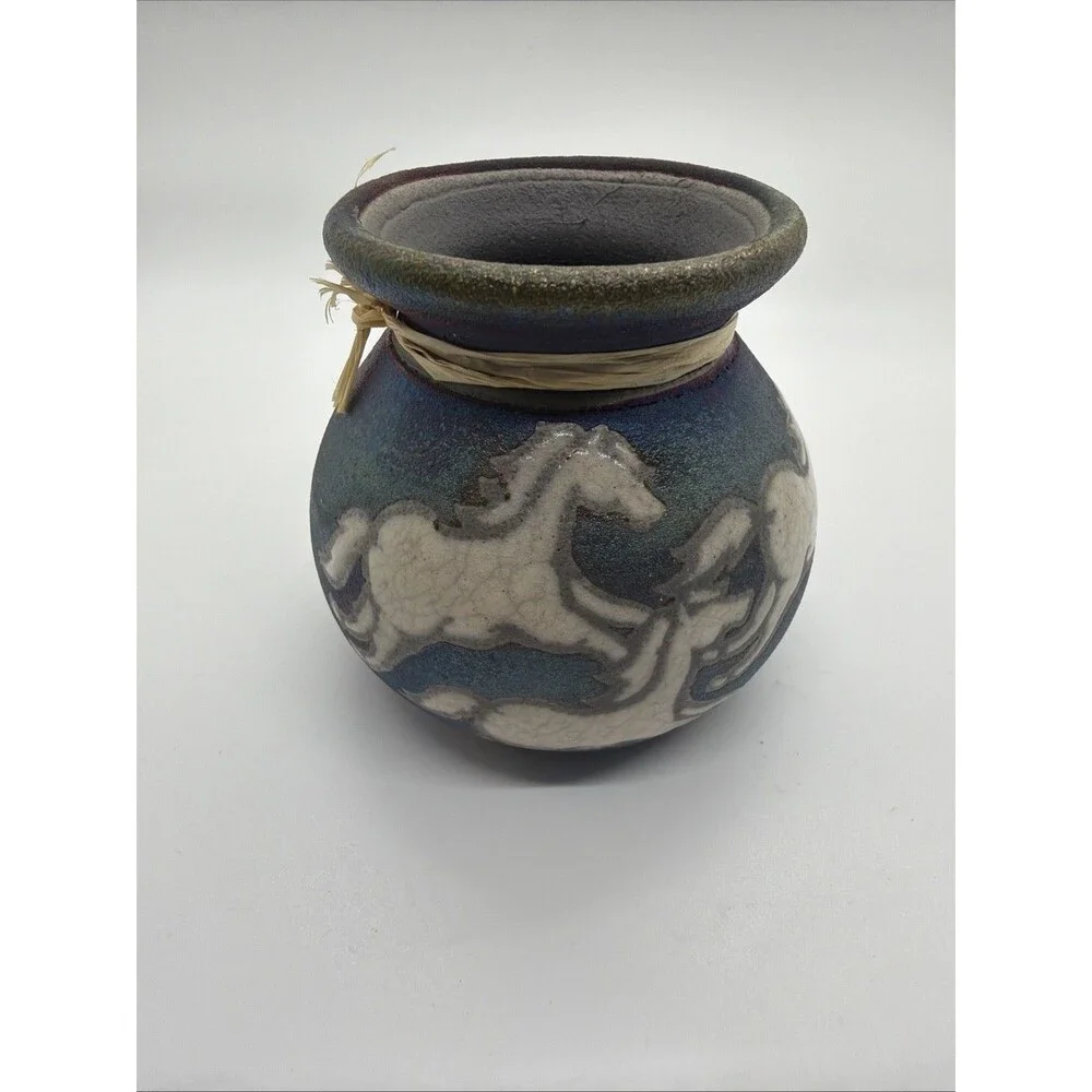 NWT Raku Pottery Small VASE Signed Jeremy Diller Wild Horses Blue Purple Copper